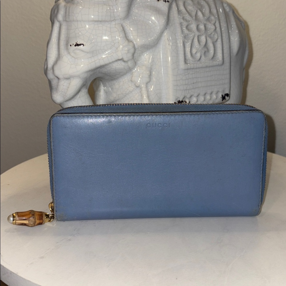GUCCI Bamboo Zip Around Light Blue Long Wallet